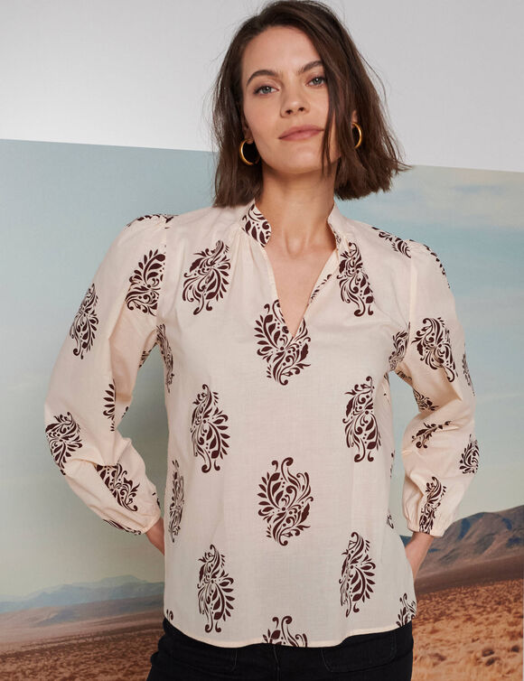 Blouse imprimée col montant, manches blousantes (beige / chocolat)
