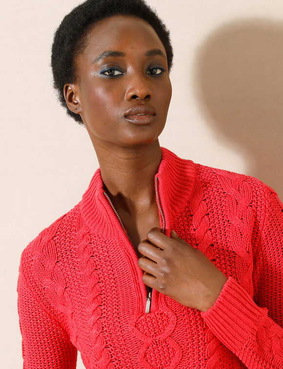 Pull col montant zippé, maille torsadée (rouge)