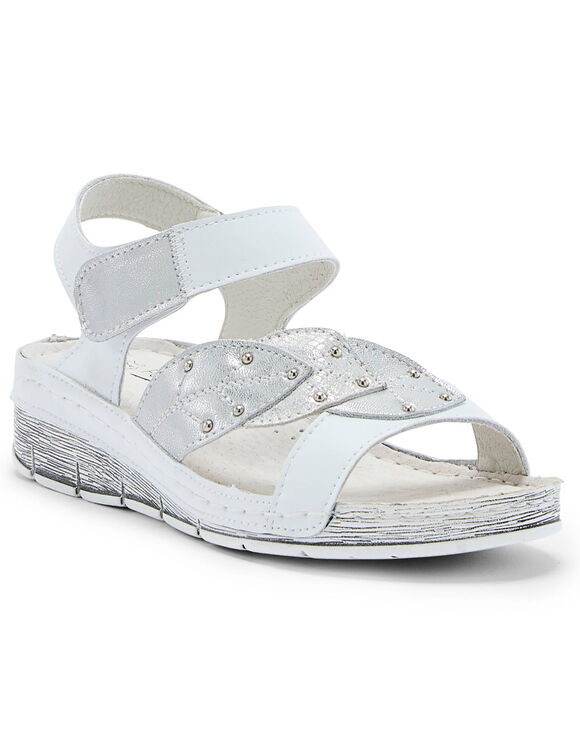 Sandales cuir &agrave; patte scratch&eacute;es motif feuilles, largeur confort (blanc)