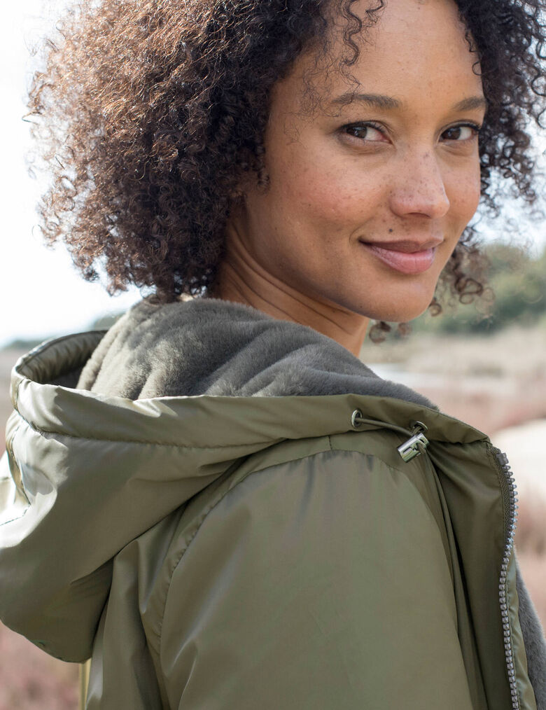 Veste Polaire Mi-Longue Fourrée Avec Capuche - Taille 42 - Gris - Occasion Très Bon État