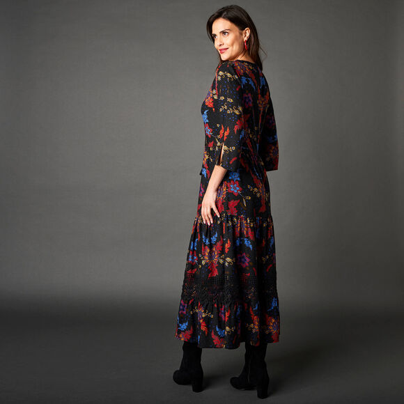 Robe longue imprim&eacute;e manches 3/4 (noir / rouge)