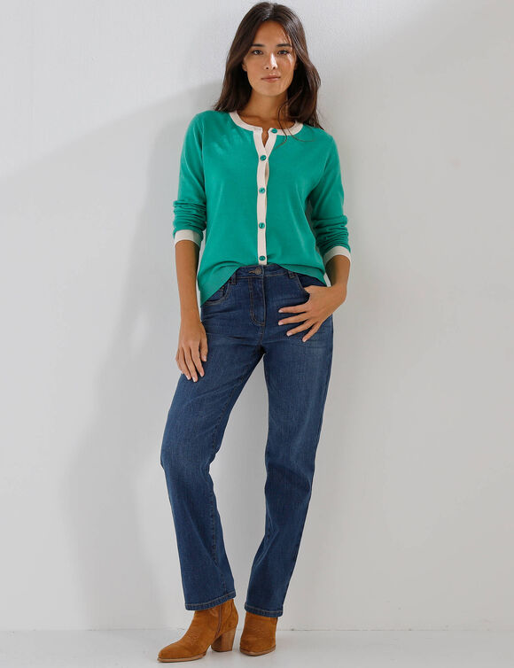 Gilet col rond bicolore, boutonn&eacute; (groen / ecru)