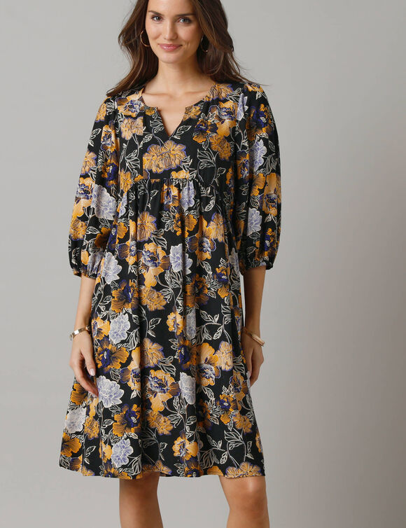 Robe courte imprimée, manches 3/4 (noir / caramel)