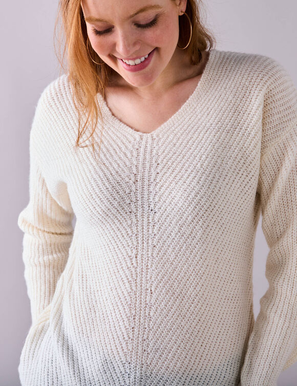 Pull col V, maille anglaise toucher doux (écru)