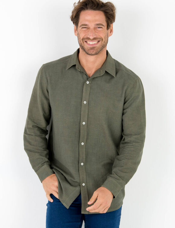 Chemise coton lin manches longues boutonnée (kaki)