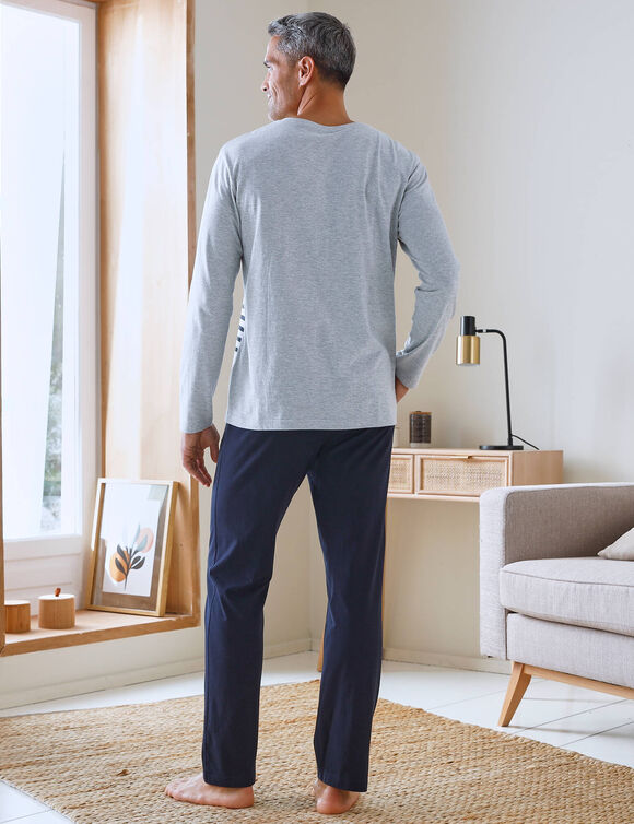 Pyjama col V &agrave; message (gris chin&eacute; / marine)