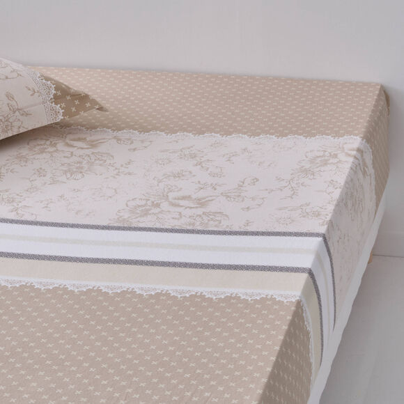 Linge de lit Gabrielle imprim&eacute; pois-fleurs-dentelle - flanelle 150 g/m&sup2; (sable)
