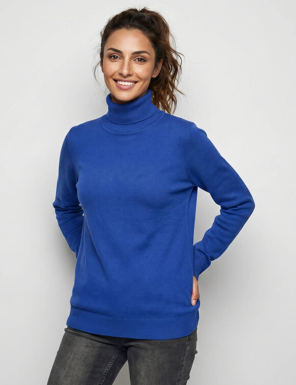 Pull col roul&eacute;, toucher doux (bleu)