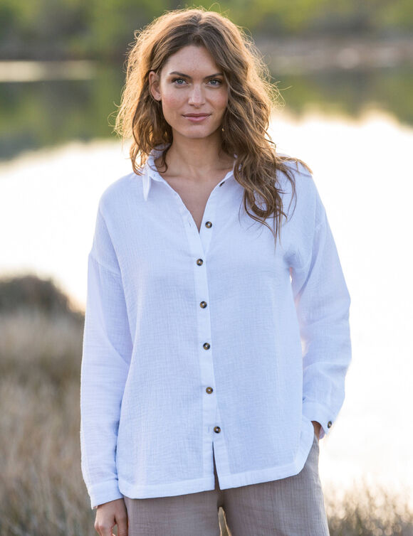 Chemise boutonnée unie, gaze de coton (blanc)