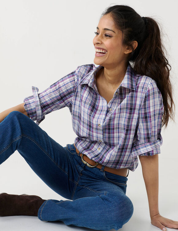 Chemise droite &agrave; carreaux tartan tiss&eacute;-teints (&eacute;cru / bleu)