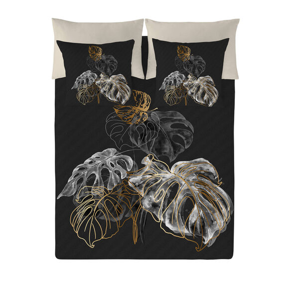 Linge de lit Ginkgo coton motif feuilles (noir / écru)