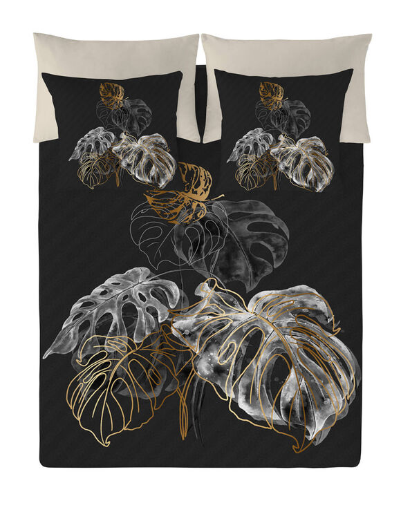 Linge de lit Ginkgo coton motif feuilles (noir / écru)
