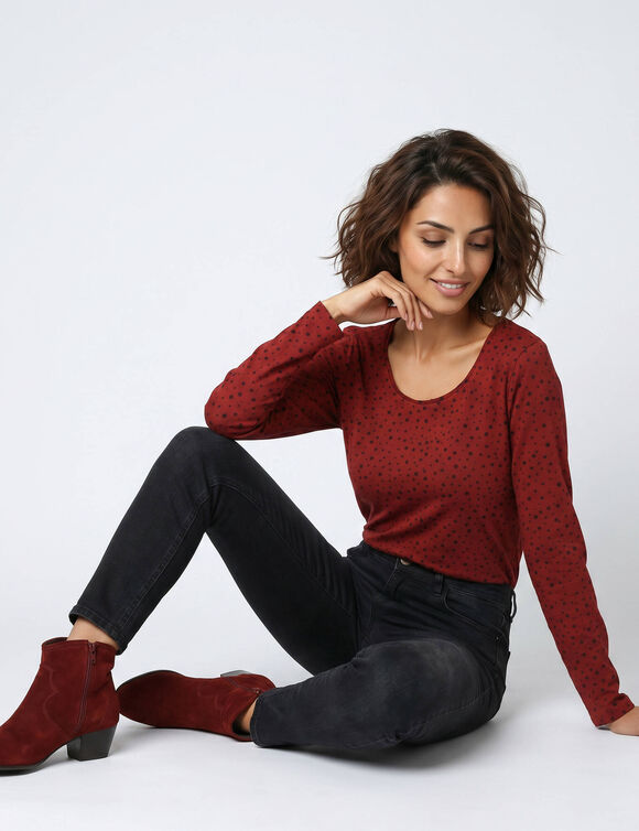 T-shirt imprim&eacute; pois en coton biologique(**) (bordeaux)