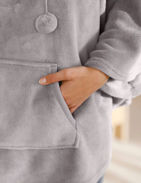 Poncho &agrave; capuche, maille polaire toucher peluche (gris)