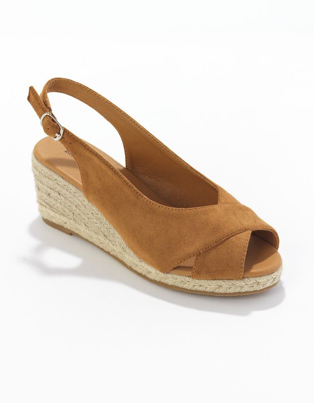 Sandalen met sleehak in koord en open neus (karamel)