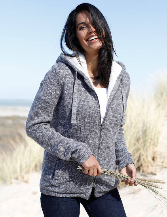 Gilet zipp&eacute; fourr&eacute; maille moulin&eacute;e (gris chin&eacute;)