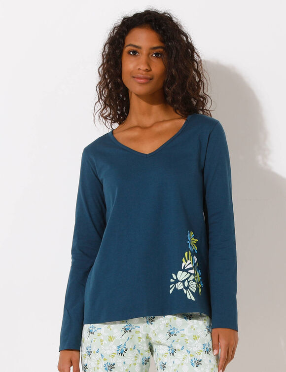 Pyjamashirt met lange mouwen en geplaatste bloemblaadjesprint (donkerblauw)