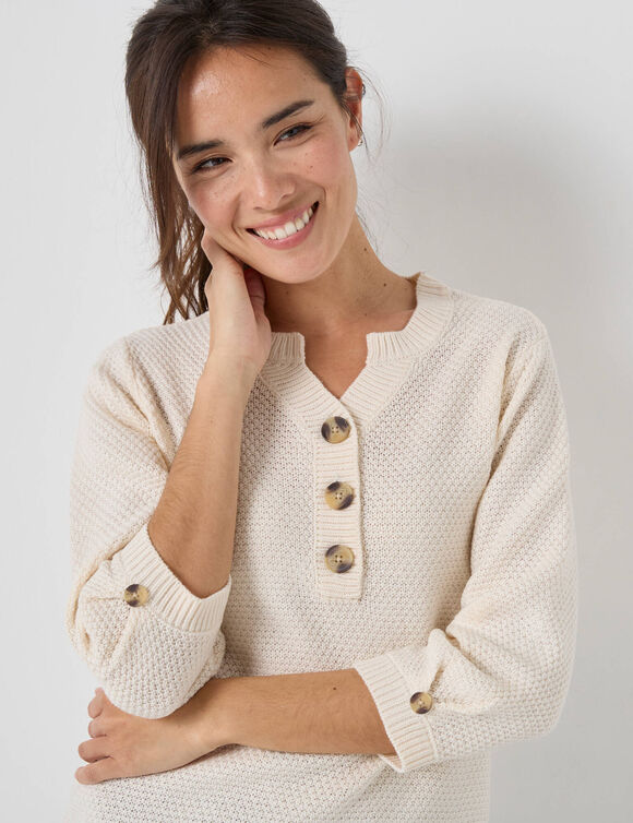 Pull col tunisien manches 3/4, maille fantaisie (écru)