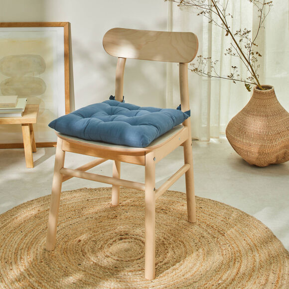 Galette de chaise carrée unie coton bachette - lot de 2 (bleu grisé)