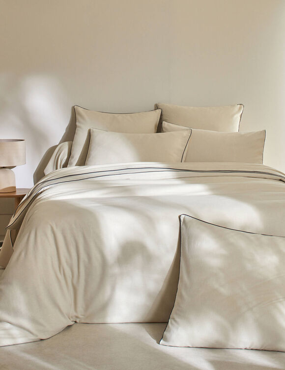 Linge de lit uni flanelle passepoil contrasté, collection "Intemporelle" (beige)