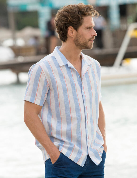 Chemise col bowling boutonnée manches courtes (bleu)