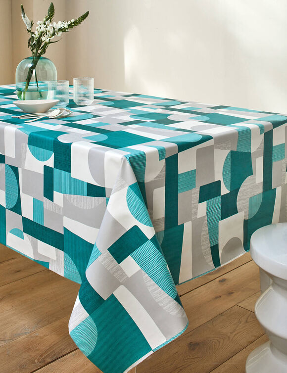 Tafellaken in toile cirée met duo patchwork print (grijs / blauw)