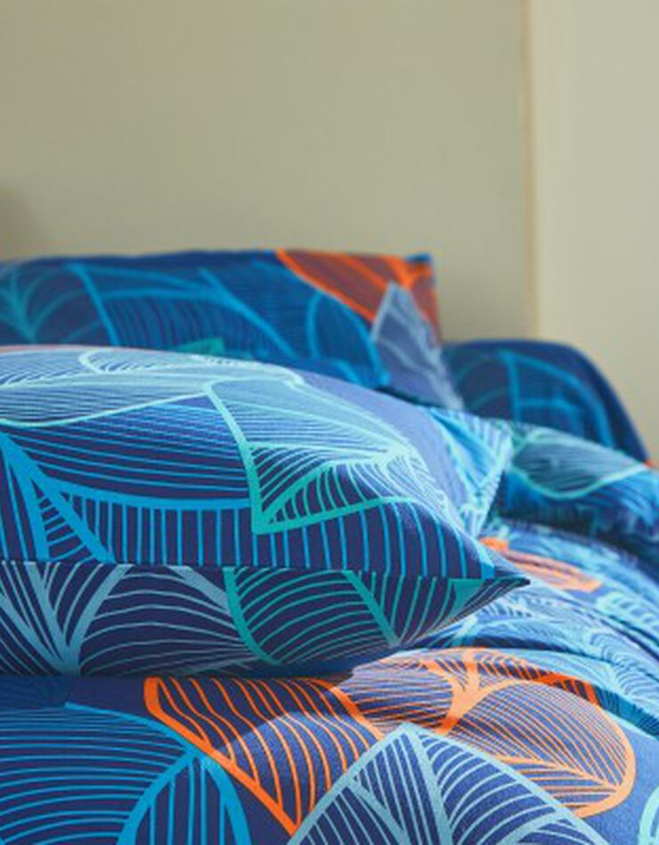 Linge de lit Elsa en polycoton à motifs feuilles (bleu)