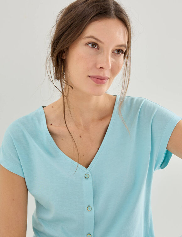 T-shirt col V boutonn&eacute; (c&eacute;ladon)