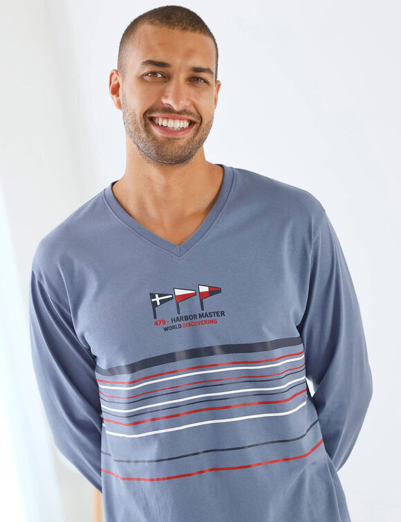 Lange pyjama met V-hals en lange mouwen van zachte katoen (grijsblauw / marine)