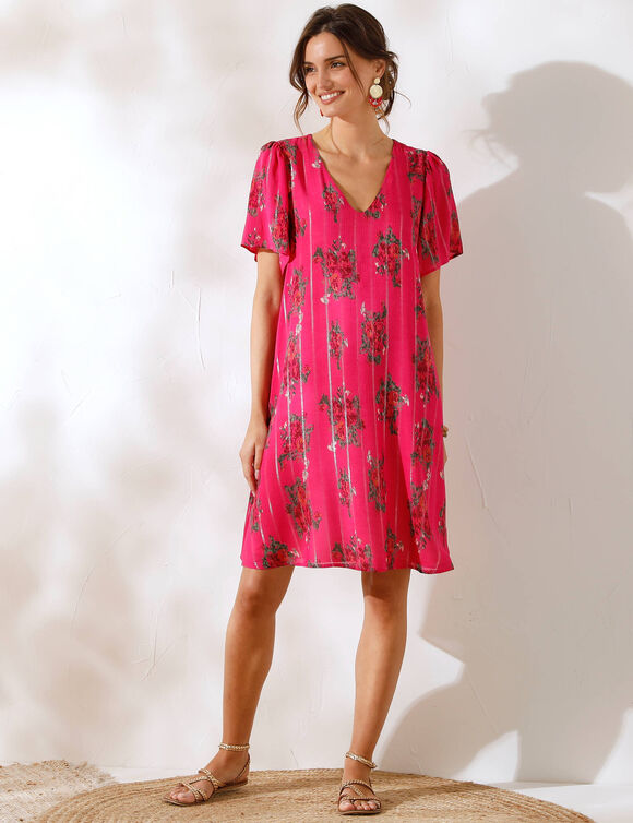Robe courte imprimée, voile jacquard brillant (rose)