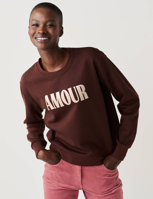 Sweat &agrave; message brillant Amour, en molleton gratt&eacute; (chocolat)