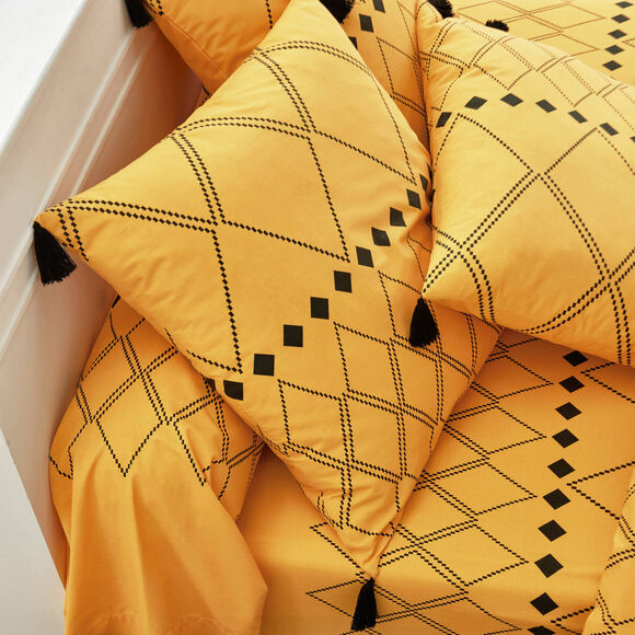 Linge de lit Massaï coton à motifs graphiques et finitions pompons (curry)