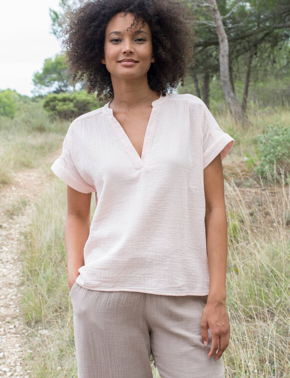 Blouse col tunisien unie en double gaze de coton  (rose poudr&eacute;)