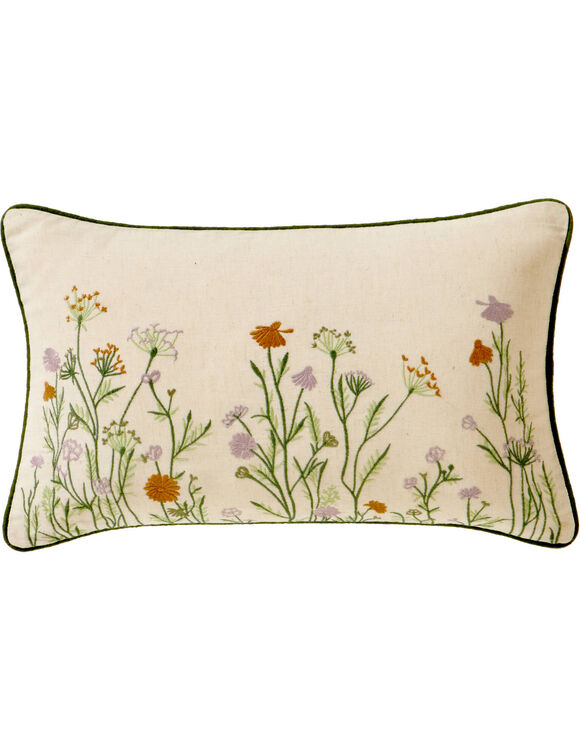 Coussin rectangulaire coton lin broderie fleurie (vert / parme)