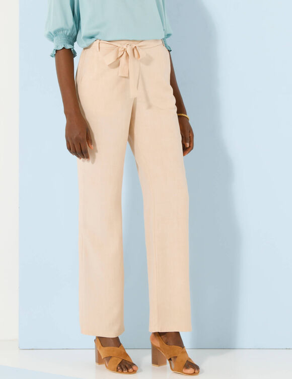 Pantalon droit large ceinturé, tissu fluide (beige)