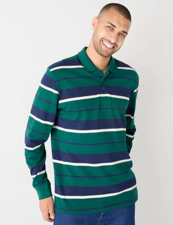 Polo rayée maille piquée manches longues  (vert bouteille)