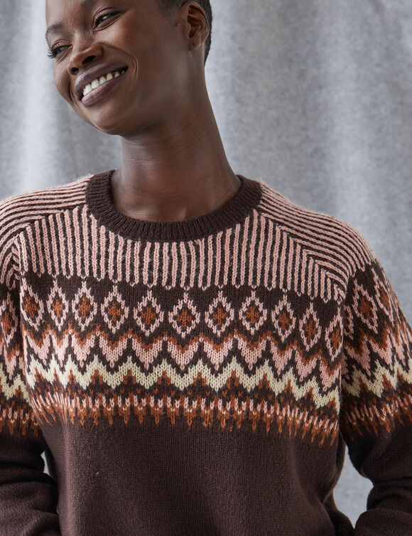 Pull col rond motif jacquard, toucher doux  (chocolat / rose)