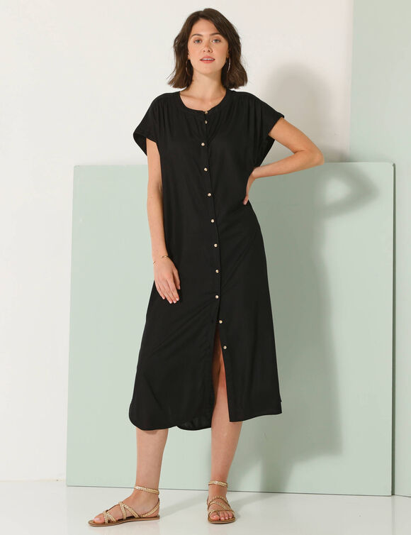 Robe longue boutonnée unie, fluide (noir)