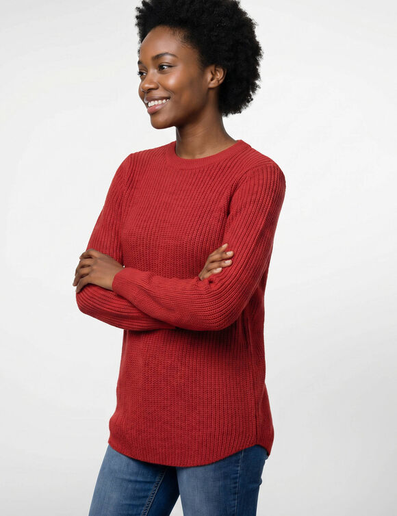 Pull tunique &eacute;vas&eacute; col rond, maille anglaise (framboise)