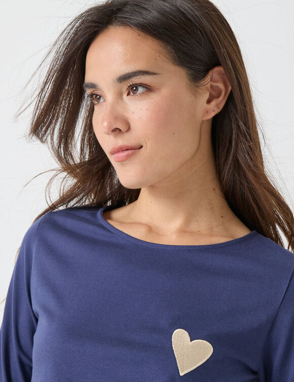 T-shirt marini&egrave;re manches longues, brod&eacute; "c&oelig;ur" uni ou imprim&eacute; l&eacute;opard (marine)