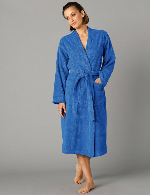 Peignoir mixte adulte col kimono éponge bouclette  (bleu dur)