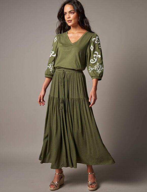 Jupon long en cr&eacute;pon et fils brillants, taille &eacute;lastiqu&eacute;e (kaki / dor&eacute;)