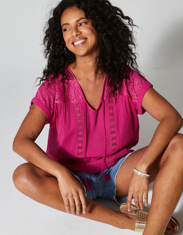 Tuniek met macramé, in katoengaas (fuchsia)
