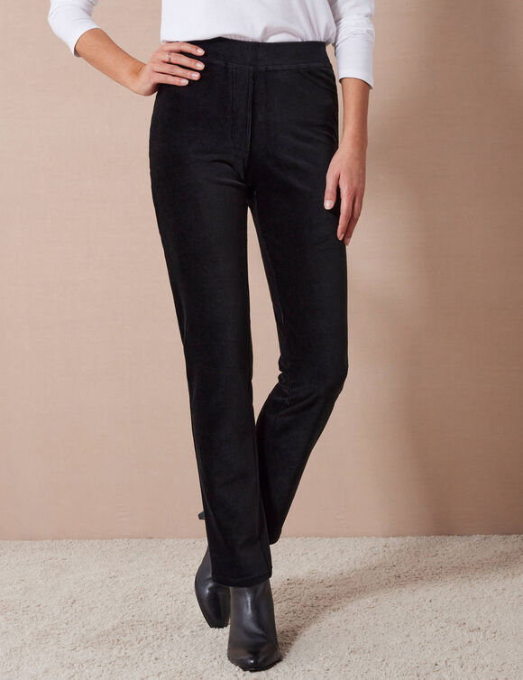 Pantalon droit, maille velours côtelé (noir)