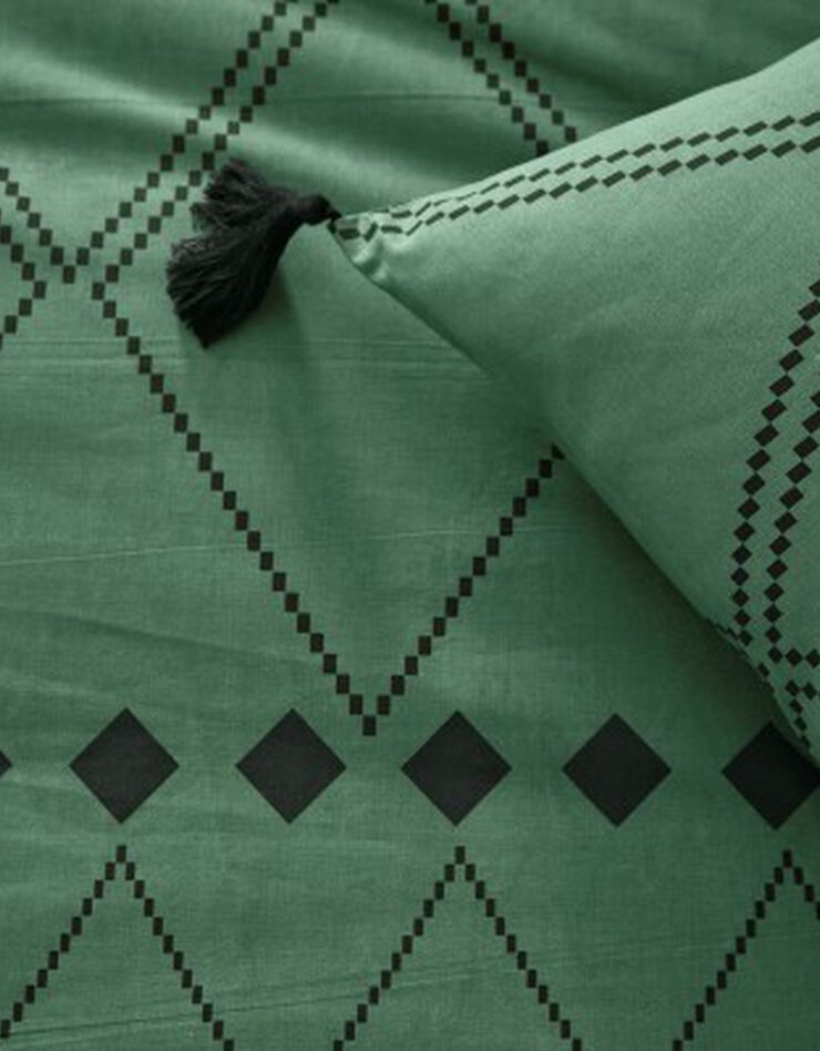 Linge de lit Massai coton à motifs graphiques et finitions pompons, vert Linge de lit Massai coton à motifs graphiques et finitions pompons, vert, hi-res image number 7