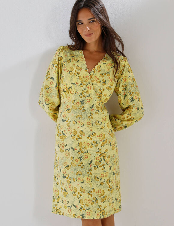 Robe imprim&eacute;e, d&eacute;collet&eacute; cache-c&oelig;ur (jaune)