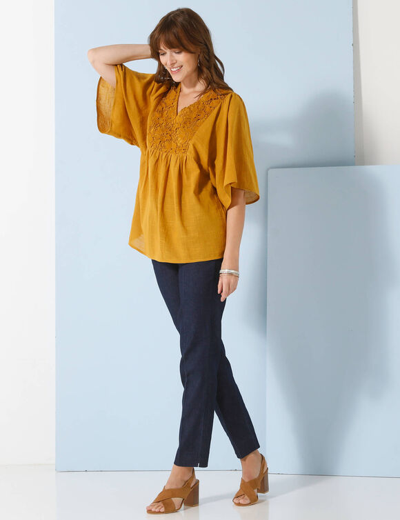 Tunique plastron fantaisie doublé, manches kimono (safran)