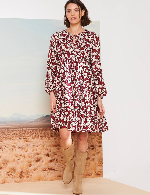 Robe courte imprimée, détails nouettes (bordeaux / beige)