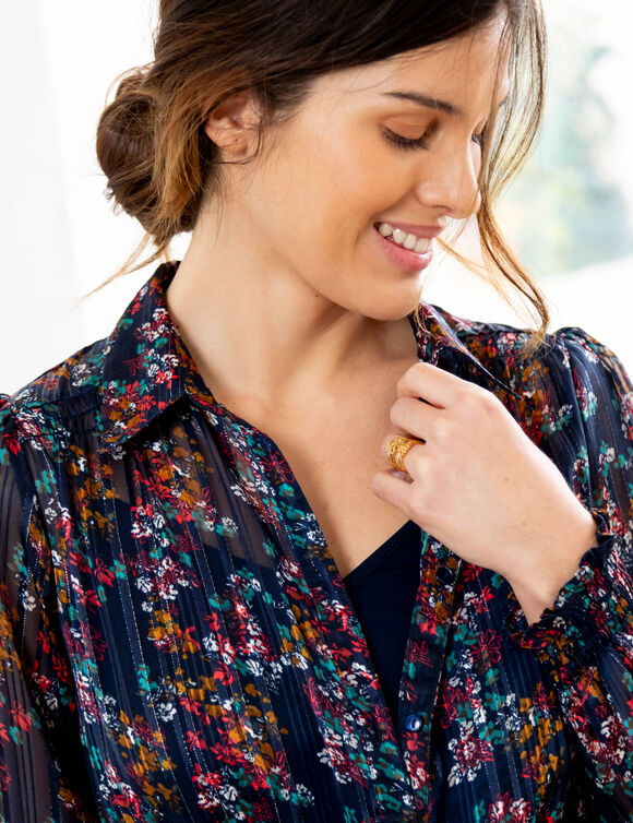 Robe-chemisier longue en voile jacquard imprim&eacute; floral (marine / caramel)