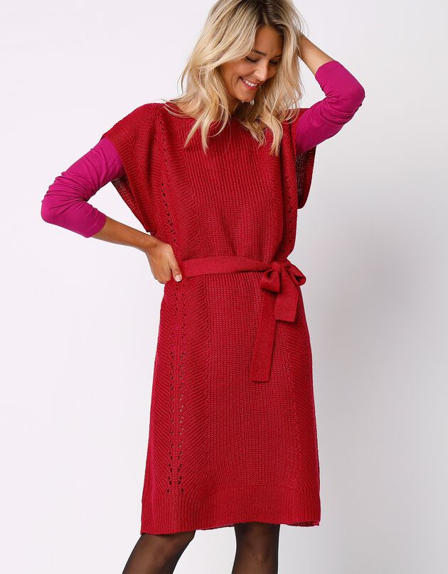 Jurk met korte mouwen en ceintuur - mohairtouch (kersenrood)